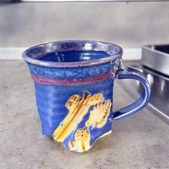 Hand Made Abstract Coffee Mug Cup Cobalt Blue Pottery Mug Artist Signed Bottom - Picture 4 of 16